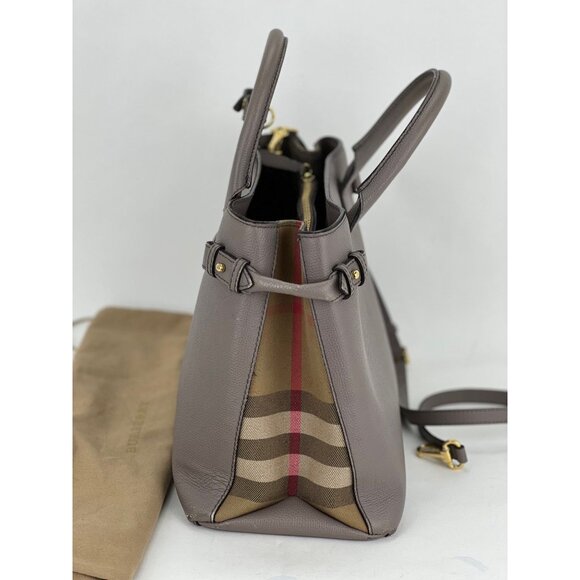 Burberry Banner House Check Leather Canvas Medium Hand Shoulder Tote Bag - Picture 3 of 12